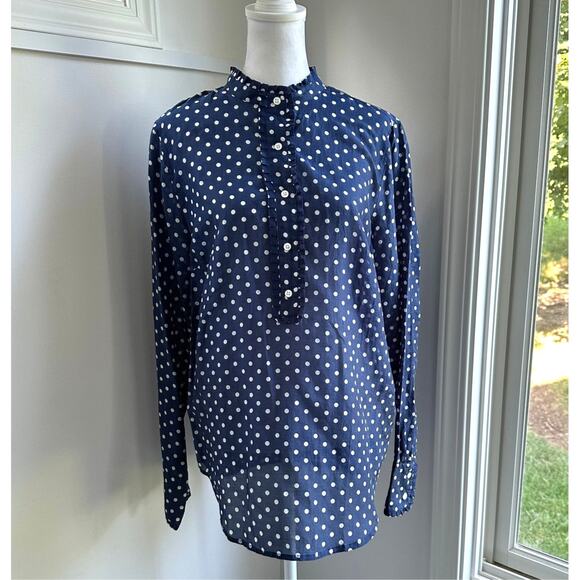 J. Crew Tops - J.Crew NWT Blue Polka Dot Silk Cotton Half Button Ruffle Sheer Blouse 10 / Large